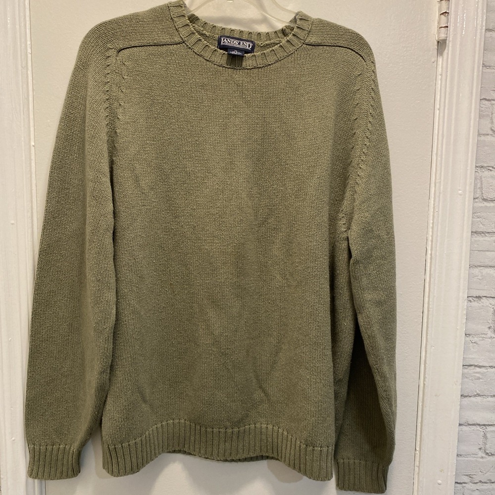 Lands End Vintage Sweater Green Made Hong Kong Chunky Knit Mens XL Unisex Style